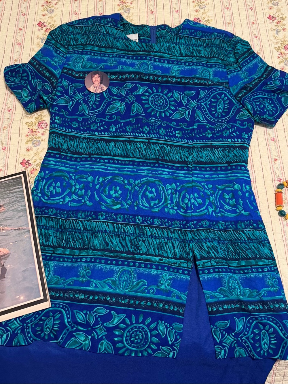 Vintage 80s KC Spencer Blue Border Floral Print Rayon Sheath Dress Medium VTG